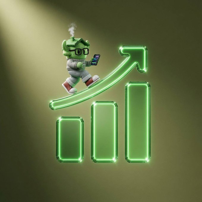 A 3D illustration of a green character with glasses running up a glowing green upward arrow over bar chart bars.