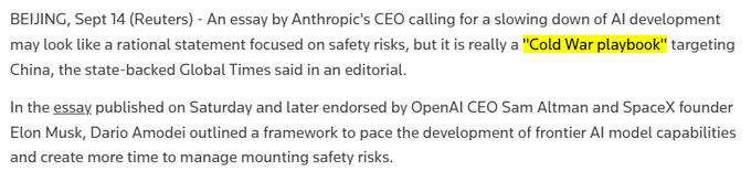 A Reuters news excerpt from Beijing dated Sept 14 discussing Anthropic's CEO essay on slowing AI development, with 'Cold War playbook' highlighted and references to an essay endorsed by Sam Altman and Elon Musk.
