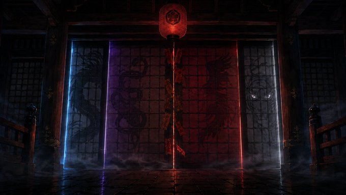 A dark, atmospheric scene shows sliding doors illuminated by blue and red neon lights, with silhouettes of dragons and a tiger visible on the panels and a red lantern hanging above.