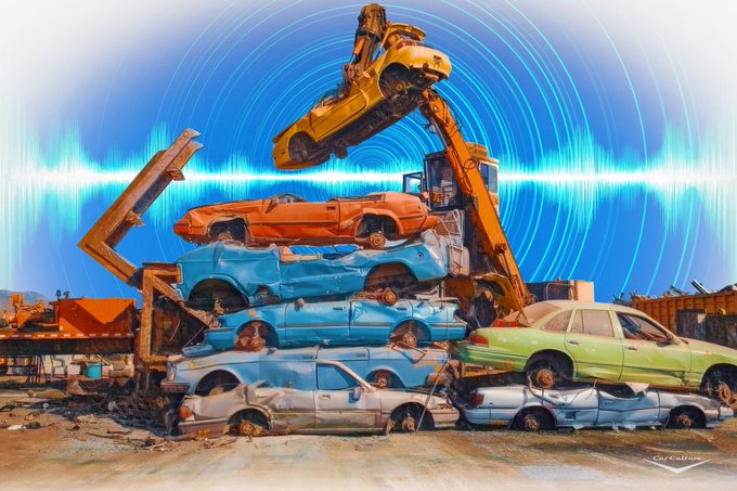 A surreal composite image showing a stack of crushed, brightly colored cars at a junkyard being lifted by an excavator, superimposed over a glowing blue sound wave background.