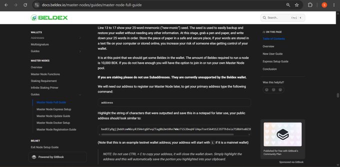 A Beldex documentation page for 'Master Node Full Guide' with instructions about backing up wallets and registering a Master Node wallet address, hosted at docs.beldex.io.
