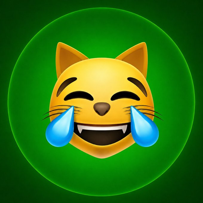 A digital illustration of a yellow cat emoji with closed, smiling eyes, sharp fangs, whiskers, and large blue tears streaming down its face, set against a green circular background.