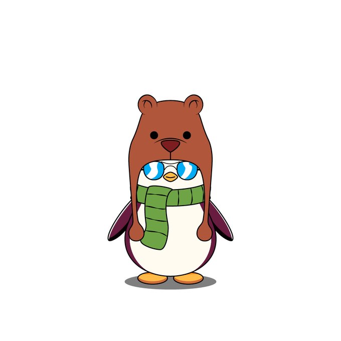 A cartoon illustration of a brown bear sitting on top of a penguin wearing a green striped scarf and holding a small green plant.