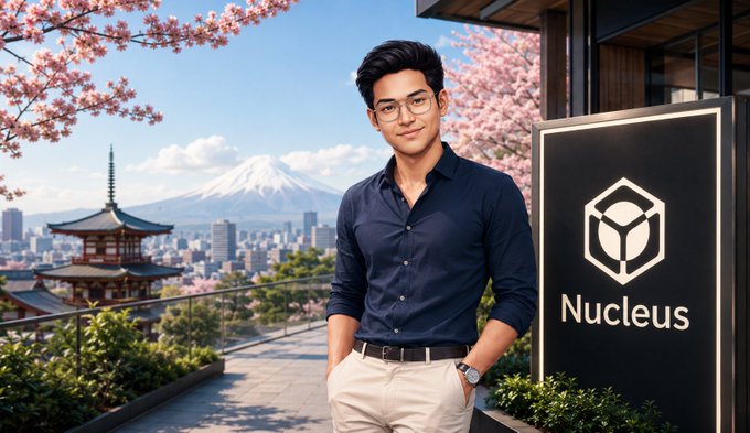A confident figure stands beside a "Nucleus" sign with Mount Fuji and cherry blossoms in the background, while the accompanying post reveals that the NucleusCodes Season 3 campaign ($AURA) is designed to test creators' ability to keep producing content beyond the easy early talking points.