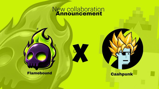 A 'New collaboration Announcement' graphic showing a partnership between Flamebound (purple skull with green flames) and Cashpunk (pixelated character with spiky hair) on a bright green background.
