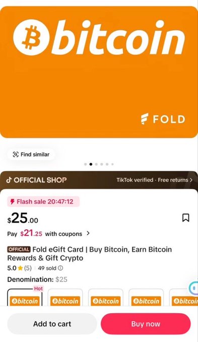 The image shows a TikTok Shop product page for a Fold Bitcoin eGift card, priced at $25 (or $21.25 with coupons), with a "Bitcoin" branded design and an official shop badge. It illustrates the post's point about purchasing Bitcoin eGift cards at a 15% discount through the TikTok Shop, capturing the limited-time flash sale promotion.