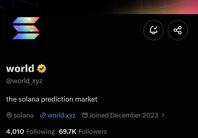 A Solana profile for "world" (@world_xyz), described as "the solana prediction market," with 69.7K followers, accompanying a bullish post claiming the project is "cooking" and poised to surprise the Solana community.