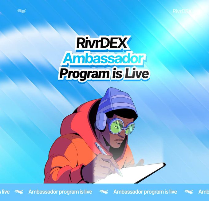 A promotional graphic announcing 'RivrDEX Ambassador Program is Live,' featuring an illustration of a person in winter gear with goggles writing on a notepad against a blue, streaky background.