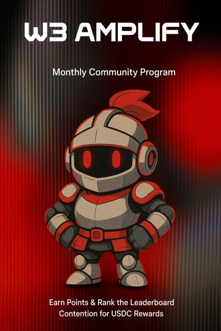 A promotional graphic for 'W3 AMPLIFY Monthly Community Program' featuring a red, white, and black robot character with glowing red eyes, advertising earning points and USDC rewards.