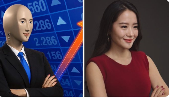 The image presents two different women, one wearing a red shirt with her arms crossed and the other wearing a suit and tie next to her. There are also two characters from a television show or movie featured as part of the image - an animated person dressed in business attire standing behind the woman in the red dress. Additionally, there is a graphic of a stock market graph displayed at the bottom left corner. The post appears to be a description of these individuals and elements related to a television show or movie.