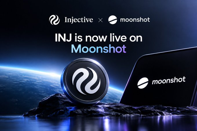 A promotional banner announcing 'INJ is now live on Moonshot' featuring the Injective and Moonshot logos, with a 3D coin and phone display against a space-themed background.