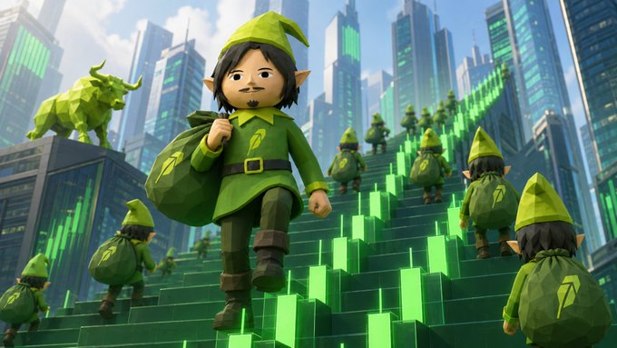 A 3D-rendered illustration of elf-like characters in green outfits and pointed hats climbing a giant staircase made of green candlestick chart bars, with a green bull figure and futuristic city skyscrapers in the background.