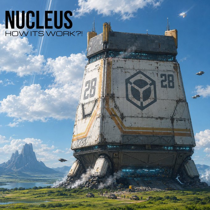 A massive sci-fi tower marked with "28" and the Nucleus logo dominates a futuristic landscape, with the text "NUCLEUS - HOW ITS WORK?!" overlaid in the corner, illustrating the platform's large-scale, high-tech branding referenced in the Vietnamese tutorial on how to connect a wallet and X account to Nucleus Codes.