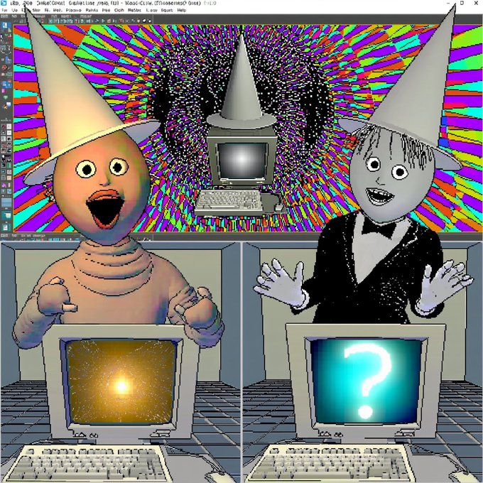 A surreal digital collage featuring cone-hatted characters at computer monitors against a psychedelic background, created in a 3D modeling program.
