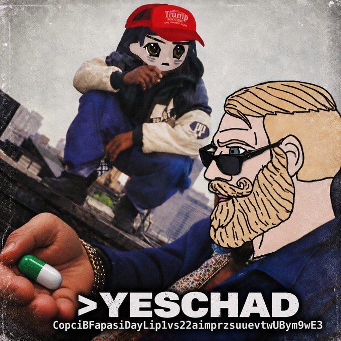 A meme featuring a 'chad' character with sunglasses, a 'Trump' hat-wearing anime figure, and text reading '>YESCHAD' and 'CopciBFapasiDayLipIvs22aimprzsuuevtwUBym9wE3'.