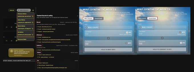 The image shows a Discord wallet checklist interface on the left and two "Mint Synthetic Assets" panels on the right, where users can convert holdings between BTC and a Drop BTC synthetic asset on what appears to be the Stripchain testnet. The panels display "0.0" balances alongside "HOLD TO MINT $BTC" and "HOLD TO CONVERT TO $BTC" buttons, illustrating the synthetic asset minting step referenced in the post about participating in Stripchain's $10M raised public testnet.
