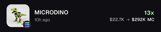 A token tracker entry for MICRODINO showing a green T-Rex dinosaur icon, updated 10 hours ago, with a 13x multiplier and market cap growth from $22.7K to $292K MC, featuring a Solana logo.