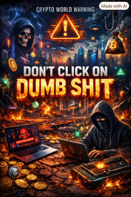 A dramatic 'CRYPTO WORLD WARNING' graphic marked 'Made with AI' featuring hooded skull figures, a 'YOU'VE BEEN HACKED' laptop warning, and the headline 'DON'T CLICK ON DUMB SHIT' in fiery text.