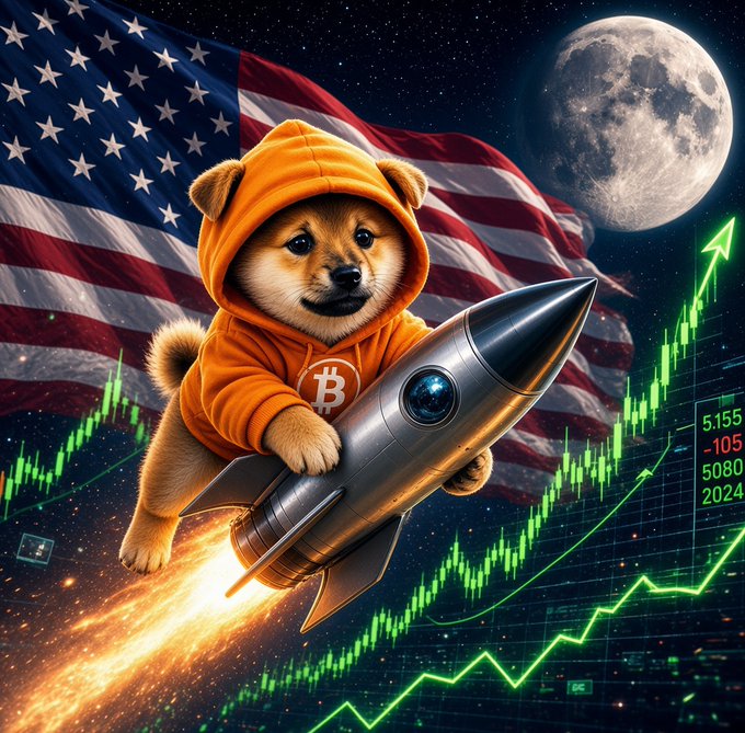 A digital illustration of a Shiba Inu dog wearing an orange hoodie with a Bitcoin logo, riding a rocket past an American flag, the moon, and a green upward-trending financial chart with numbers '5.155', '-105', '5080', '2024'.