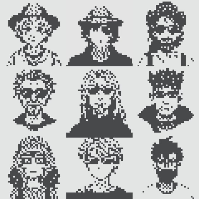 A grid of nine black and white pixel art character portraits featuring various stylized faces with different hairstyles, sunglasses, and expressions.