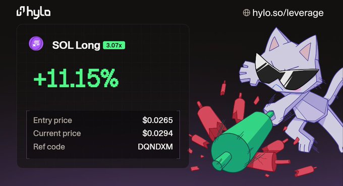A hyla trading platform interface showing a SOL Long position at 3.07x leverage with +11.15% gain, entry price $0.0265, current price $0.0294, and ref code DQNDXM, accompanied by an animated cat mascot with sunglasses.