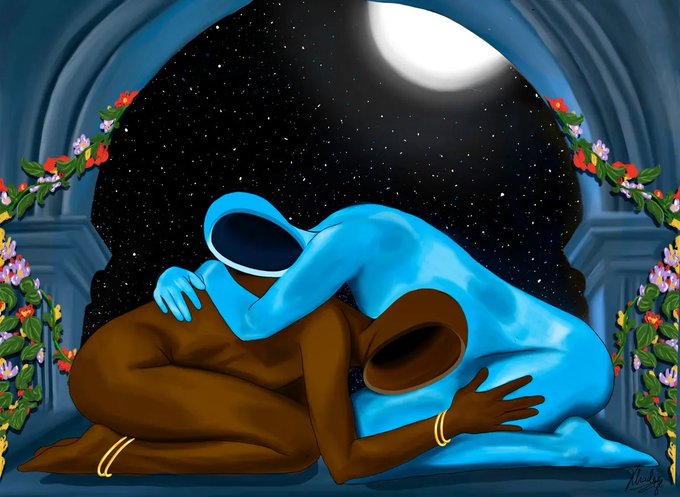 A digital painting depicts a brown and a blue Among Us character embracing under a starry night sky with a crescent moon, framed by an archway decorated with flowers.