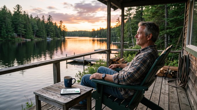 A relaxed man sits on a cabin porch at sunset overlooking a peaceful lake, with a coffee mug and what appears to be a note on the side table. The serene retirement-like setting visually echoes the post's theme of a friend who stepped away from crypto to focus on traditional investments like SPY and SCHD, now seemingly enjoying the tranquil life his decision afforded him.