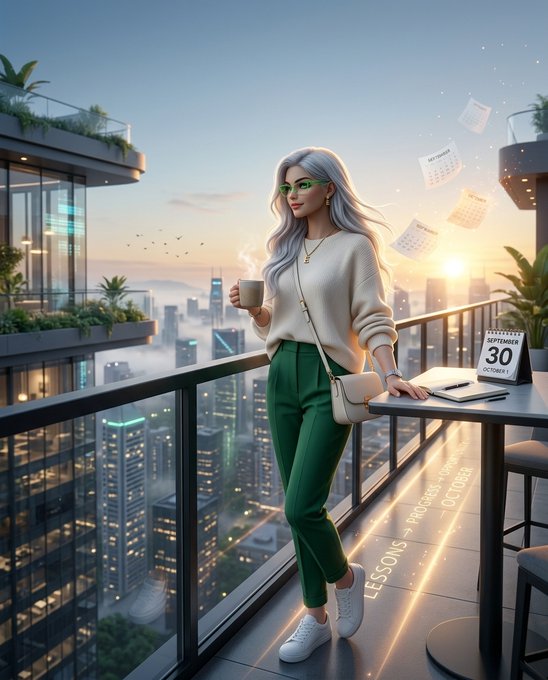 A 3D-rendered illustration of a stylish woman with silver hair and green pants holding a coffee cup on a high-rise balcony overlooking a cityscape, with a calendar showing September 30.
