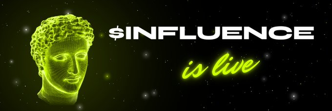 A digital graphic features a glowing green wireframe of a classical sculpted head alongside the text "$INFLUENCE is live" against a dark, starry background. The announcement promotes the live launch of the $INFLUENCE token on the Robinhood Chain, highlighting its official contract address and the platform's SocialFi economy where users can monetize their influence.