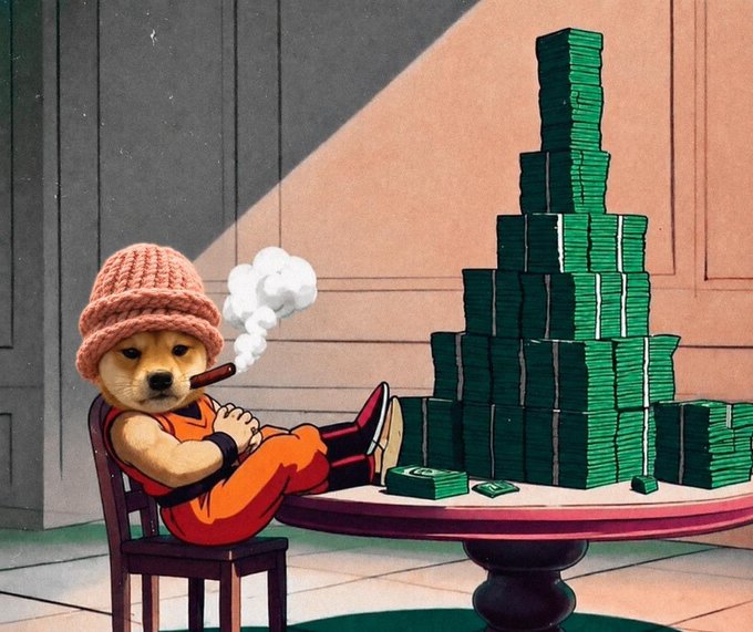 A dog wearing a beanie and orange prison-style outfit lounges in a chair smoking a cigar next to a massive pyramid of stacked cash on a table, embodying the "WIF" meme's portrayal of crypto wealth and excess wealth fantasies. The image humorously captures the "wif" (with) meme culture, suggesting that holding the WIF2 token will either make you rich like this dog or leave you empty-handed ("wifout").