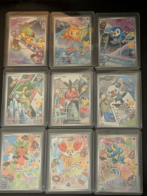 A 3x3 grid displays nine Pokémon trading cards including Torchic, Chimchar, Piplup, Snivy, Tepig, Oshawott, Chespin, Fennekin, and Froakie in protective sleeves.