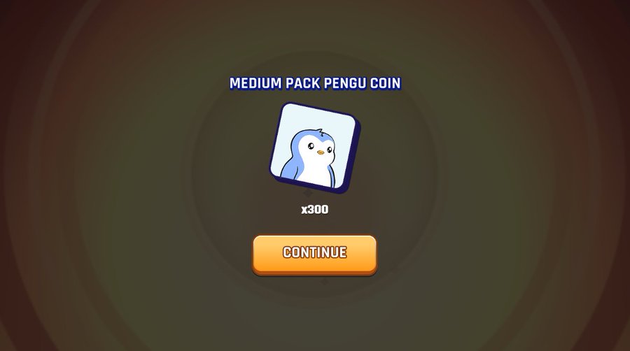 A mobile game screen displaying a 'MEDIUM PACK PENGU COIN' reward showing a cartoon penguin icon with x300 quantity and an orange Continue button.