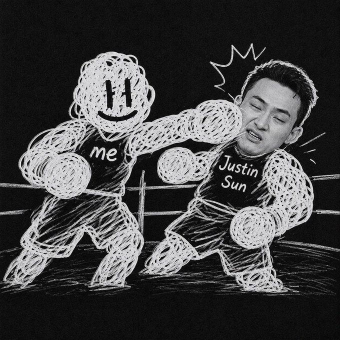 A humorous black-and-white digital drawing depicts a cartoonish figure labeled 'me' throwing a punch at a real human head labeled 'Justin Sun' in a boxing ring.