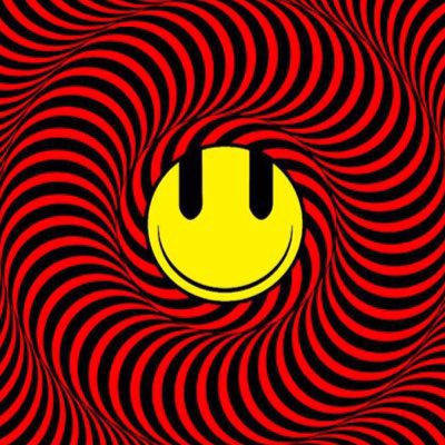 The image features a black and red swirl pattern with a yellow smiley face in the center, surrounded by the swirling design. The background of the image has a red and black color scheme that complements the yellow smiley face. The text "Cult Night" is written at the bottom right corner of the image.