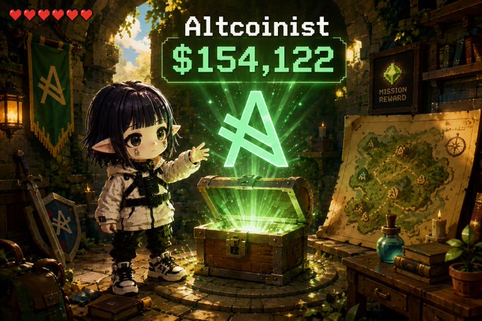 A fantasy-style digital illustration showing an elf-like character beside a glowing treasure chest, with a neon green 'Altcoinist' sign displaying '$154,122' and a glowing 'A' symbol.