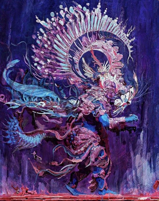 A vibrant, abstract painting depicting a mystical or demonic figure in elaborate armor, rendered in intense shades of purple, blue, and pink with intricate, flowing details.