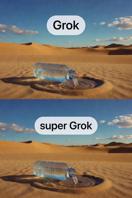 The image shows two water bottles, one of which has a small amount of water flowing out of it, while the other bottle remains empty. The text "Grok ve SuperGrok arasında bu kadar büyük bir fark olacağını düşünmemiştimın" is present in the image, which translates to "Super Grok". This phrase suggests that the water bottle with water flowing out of it might be a premium or high-quality product.