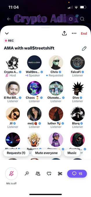 The image shows an "AMA with wallstreetshift" audio room, likely from a platform like Clubhouse or Twitter Spaces, with various participants, including a speaker named "WallStre...", and a host named "Crypto A...". The accompanying post indicating a "great space" relates to the successful coordination and engagement within this audio session.