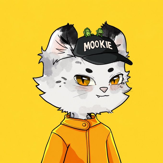 A white anthropomorphic cat with gray markings wears a black cap reading "MOOKIE" adorned with two tiny green frog figures, paired with an orange hoodie against a bright yellow background, fitting a cheerful "Good morning my friends" greeting.