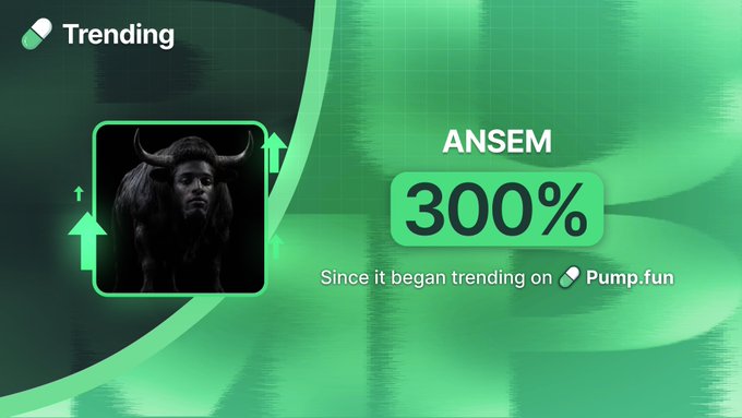 The image features a green-themed "Trending" graphic displaying the ticker "ANSEM" with a bold "300%" increase highlighted, alongside an artistic illustration of a horned figure. A caption notes the token began trending on Pump.fun, reinforcing the post's claim of its 300% surge since gaining momentum on the platform.