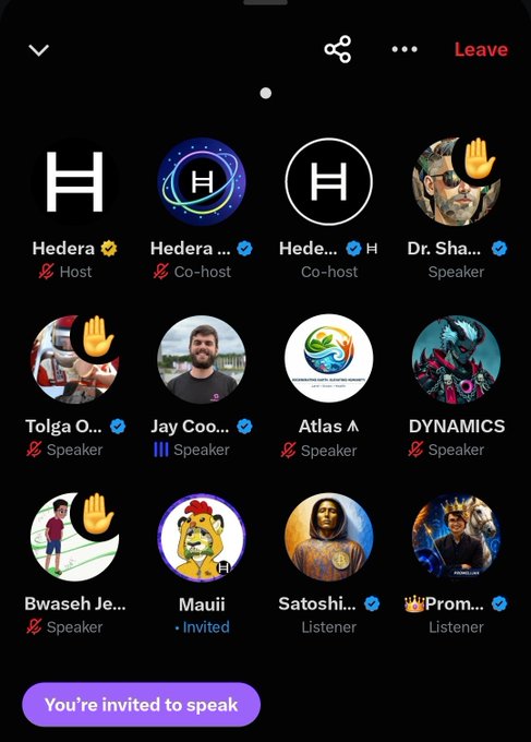 A Twitter Spaces interface showing a live audio room with Hedera as the host, featuring speakers like Dr. Sha, Tolga, Jay Coo, Atlas, DYNAMICS, Bwaseh, and listeners Mauii and Satoshi, with the user invited to speak.