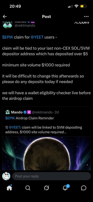A screenshot of an X (Twitter) post by @rektmando detailing the $EPIK airdrop claim for @YEET users, noting a $1000 minimum site volume requirement and eligibility tied to non-CEX SOL/SVM depositors.