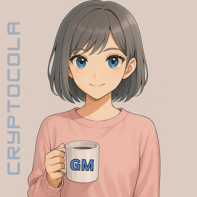An anime-style illustration of a girl with short grey hair holding a mug that says 'GM', with 'CRYPTOGOLF' text on the left side.