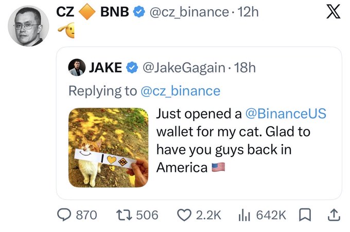 A screenshot of CZ Binance's X account replying with a dog emoji to a user's tweet showing a cat holding a paper that reads "I ❤️ [Binance logo]" with text saying they just opened a BinanceUS wallet for their cat, generating 2.2K likes and 642K views. The accompanying post references this viral CZ engagement to support a bullish thesis on the memecoin $BNBCAT, suggesting CZ is actively supporting it beyond just likes, with 30X potential to flip $Cashcat and 200X to reach a $1B market cap.