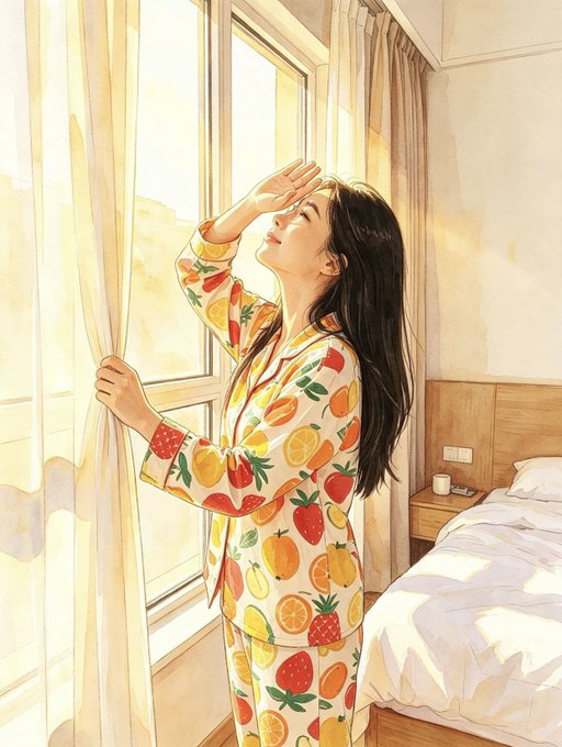 A watercolor illustration of a woman with long dark hair wearing fruit-patterned pajamas, looking out a sunlit window and shielding her eyes with her hand.