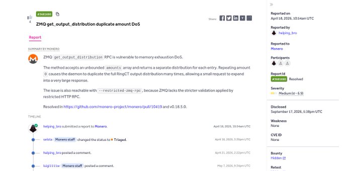 A HackerOne bug bounty report page titled 'ZMQ get_output_distribution duplicate amount DoS' shows a Monero-related security issue that has been 'Resolved' with Medium severity.