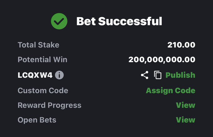 A successful bet confirmation screen showing a total stake of 210.00 with a potential win of 200,000,000.00, featuring the code "LCQXW4" which matches the "LONG SHOT CODE" highlighted in the accompanying post.