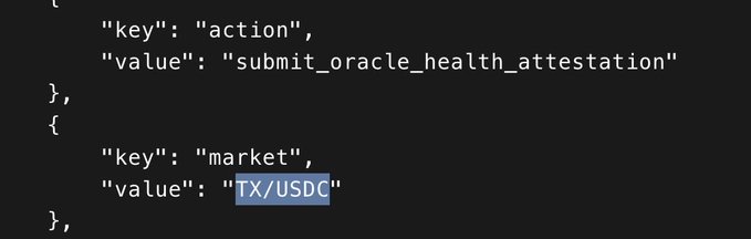 A code snippet showing JSON configuration with key-value pairs for 'action: submit_oracle_health_attestation' and 'market: TX/USDC' displayed on a dark background.