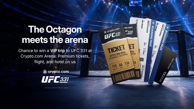 A promotional graphic for Crypto.com's UFC 331 VIP contest, featuring the headline "The Octagon meets the arena" alongside Crypto.com Arena tickets and Boarding Pass cards displayed against a UFC octagon backdrop. The image visually reinforces the post's giveaway offer of a VIP trip to UFC 331 at Crypto.com Arena, including tickets, travel vouchers, and up to $1,000 in BTC.