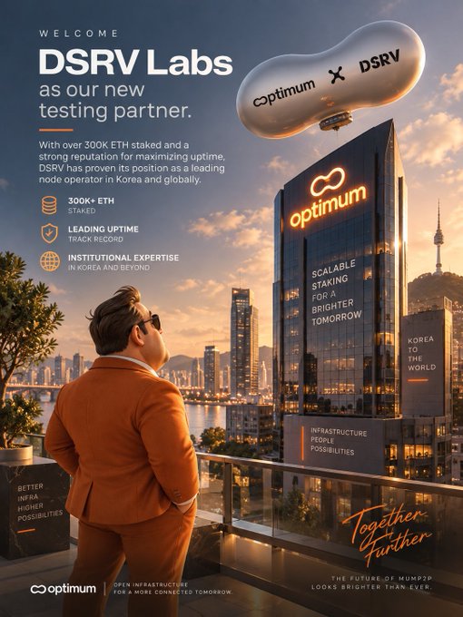 A promotional graphic welcoming DSRV Labs as a new testing partner for Optimum, featuring a man in an orange suit looking at a building labeled 'optimum' with text about scalable staking and 300K+ ETH staked.